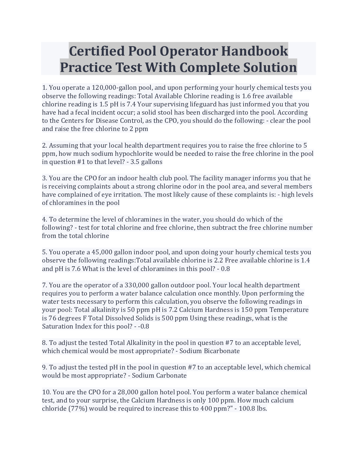 Preview of Certified Pool Operator Handbook Practice Test With Complete Solution